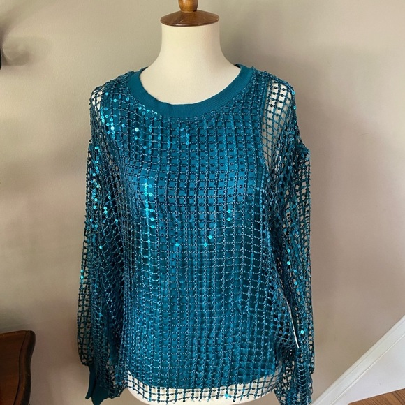 NWT Anthropologie Pilcro Long-Sleeve Sequin Turquoise Top Small - Picture 6 of 9